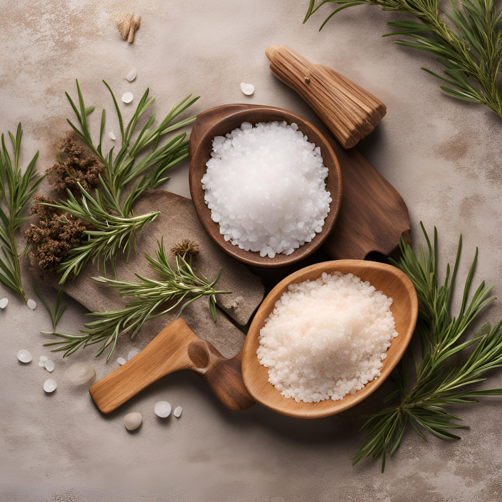 Visual of the Hinoki wood, Vetiver and Rosemary Bath Soak ingredients that include essential oils like rosemary, hinoki wood and vetiver.