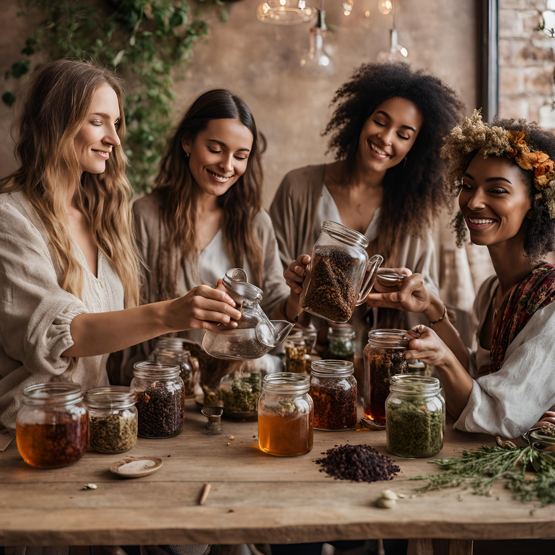 A lively group of participants blending various teas, enjoying the process together. Don't forget to book your private group session for parties, bachelorette events, girls' afternoons out, or high-tea gatherings!