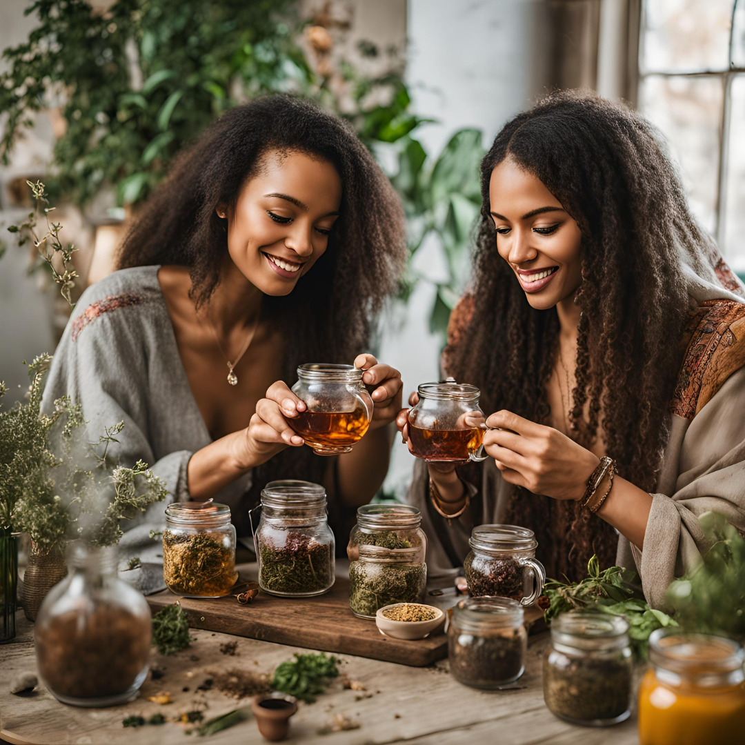 Two individuals savoring their customized tea blends, smiles on their faces, surrounded by jars of assorted herbs. Schedule your private tea blending session today!