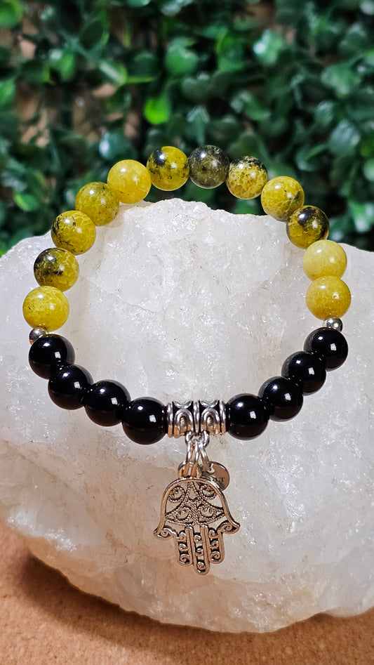 Yellow Turquoise and Black Onyx - Hamsa Bracelet