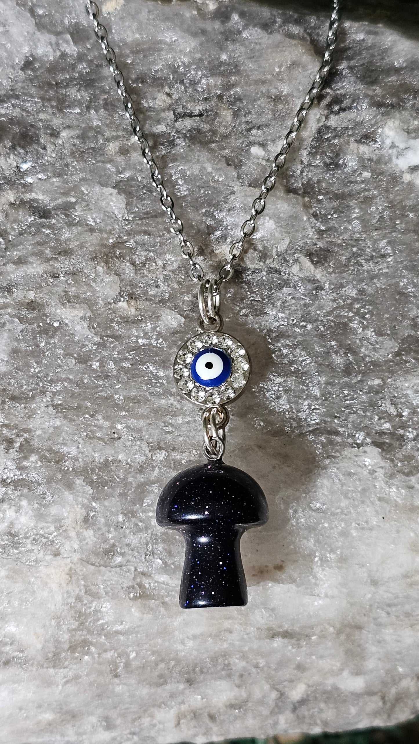 Blue Goldstone - Mushroom and Evil Eye necklace
