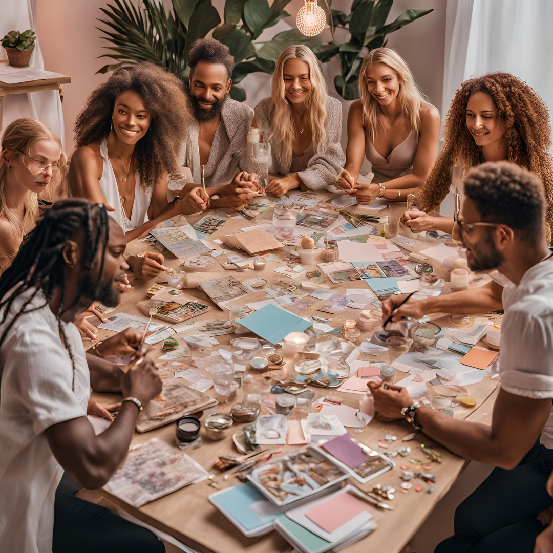 A group of people gathered around a table, cutting out images and words from magazines, creating their vision boards during the workshop. Contact us to book your private group session or team building session!