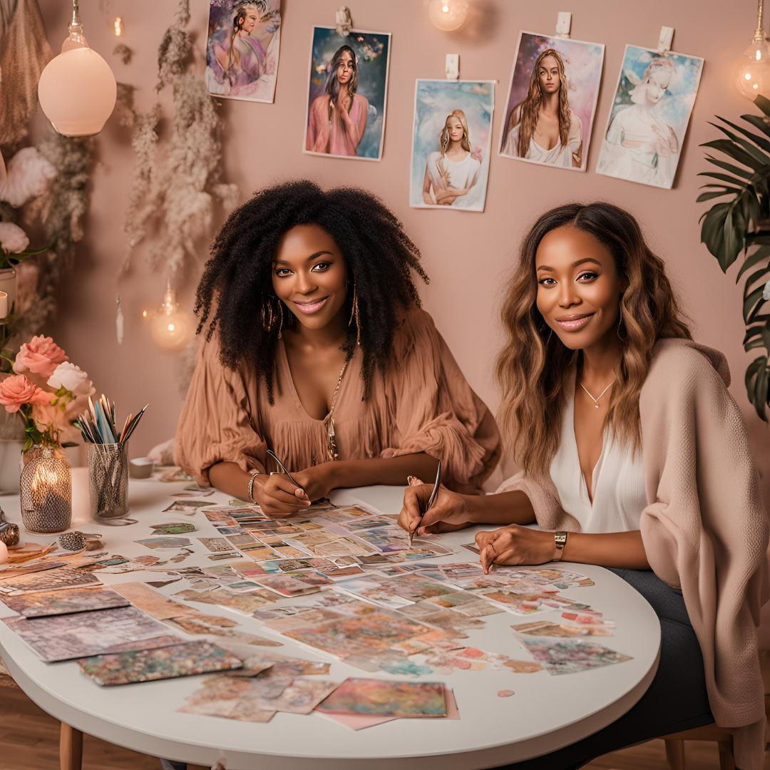 two women working on their vision boards and affirmations at a table. Book an private individual session to get personal time with a life coach that will assist you in crafting the perfect vision board in alignment with your goals. you will also get guidance on next steps to take and a free life clarity discovery session!